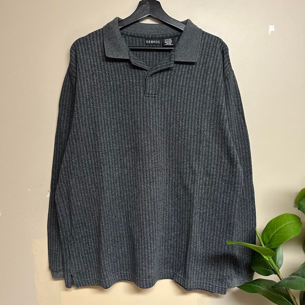 George Mens Dark Grey Vertical Striped Long Sleeve Polo Rugby Shirt Large Y2K